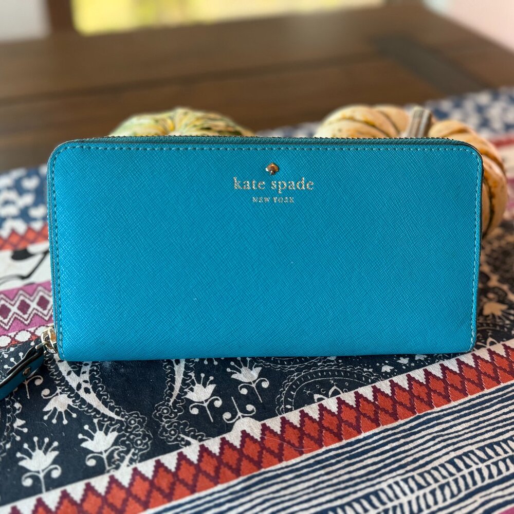 Kate Spade Turquoise Zippy Long Wallet with Storybook Lining, Preowned